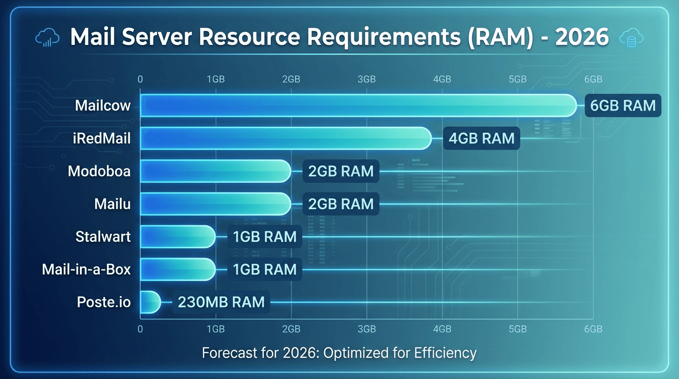 Сравнение 8 почтовых серверов для своего сервера (2026) Сравнение почтовых серверов 2026 — Mailcow, iRedMail, Stalwart, Mailu по требованиям к ресурсам