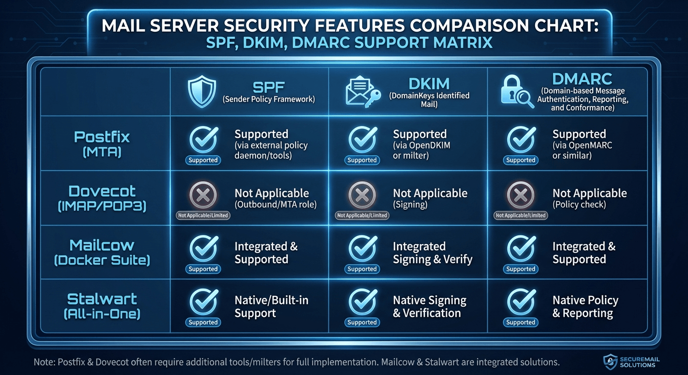 Сравнение 8 почтовых серверов для своего сервера (2026) Сравнение почтовых серверов 2026 — матрица безопасности SPF DKIM DMARC