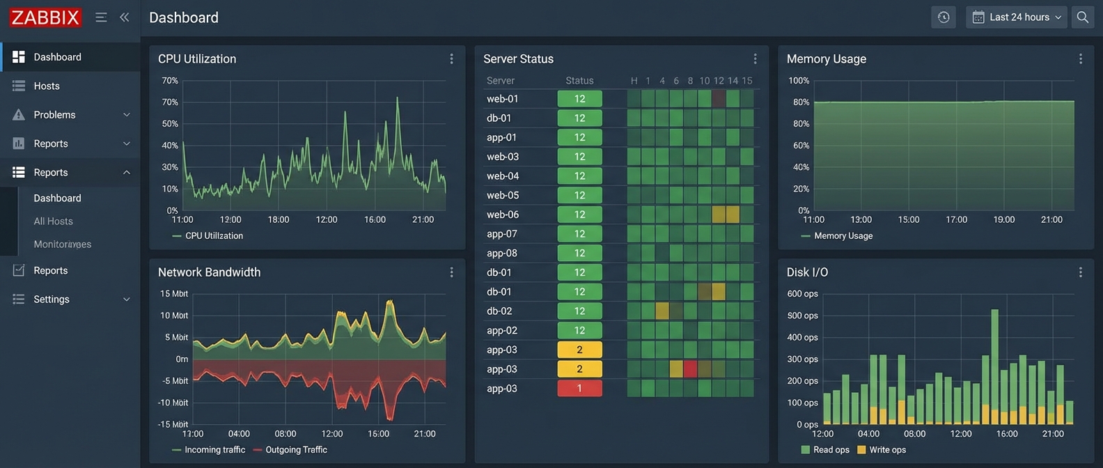Мониторинг серверов Zabbix — дашборд с метриками инфраструктуры