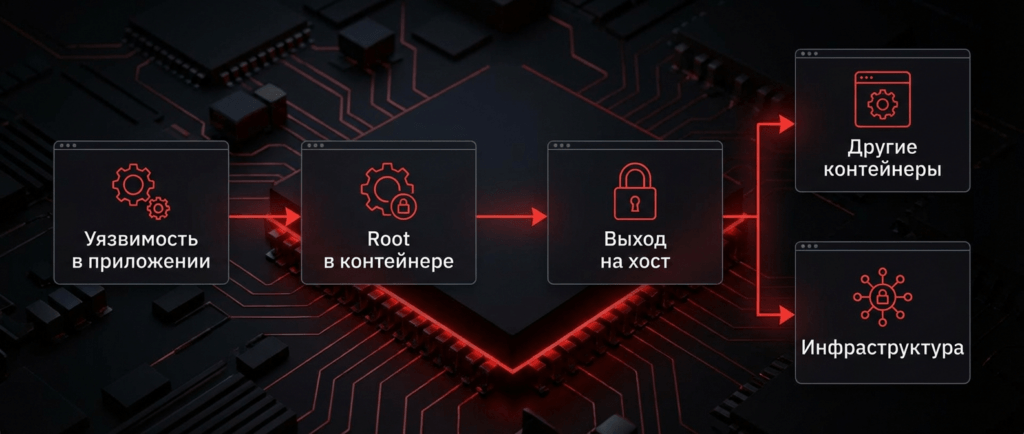 Схема атаки через контейнер, запущенный от root — эскалация привилегий на хост