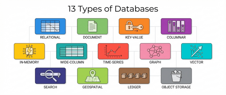 Типы баз данных в 2026 году: 13 категорий — реляционные, документные, ключ-значение, колоночные, in-memory, wide-column, time-series, графовые, векторные, поисковые, геопространственные, ledger и объектное хранилище