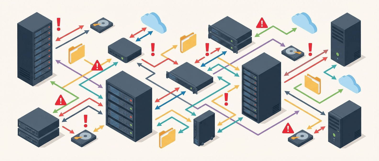 Схема хаотичного состояния резервного копирования: разрозненные bash-скрипты без централизованного управления