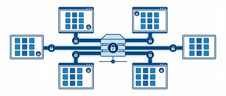 Схема архитектуры Element Call: центральный сервер соединён с экранами участников видеозвонка