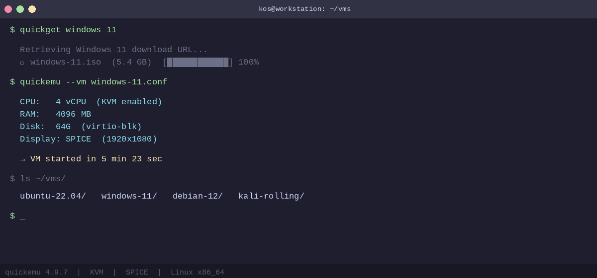 qemu виртуальная машина quickemu команды терминал