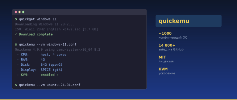 qemu виртуальная машина quickemu терминал команды