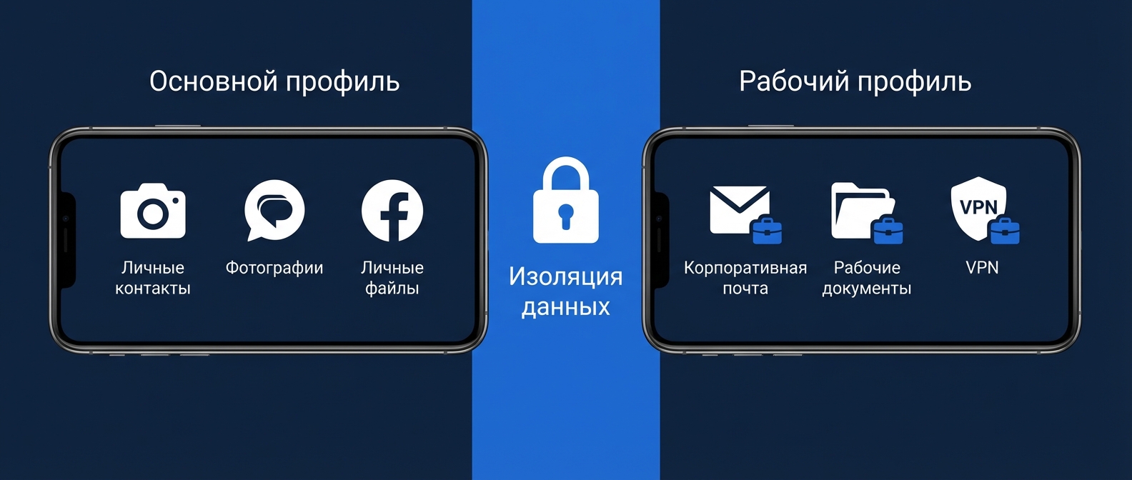 Изоляция приложений в рабочем профиле Android Схема изоляции данных между основным и рабочим профилем Android: личные и корпоративные данные разделены барьером