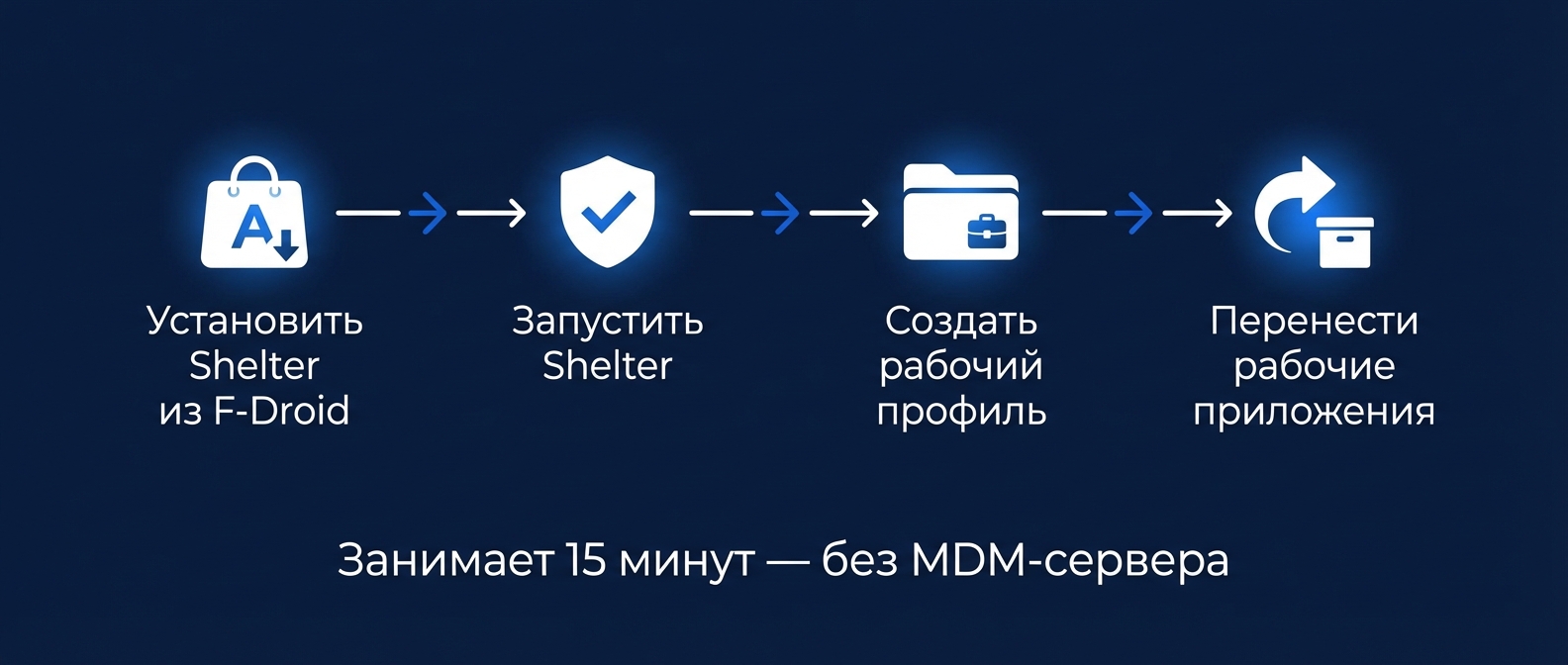 Изоляция приложений в рабочем профиле Android Пошаговая настройка рабочего профиля Android через приложение Shelter: 4 шага за 15 минут без MDM-сервера