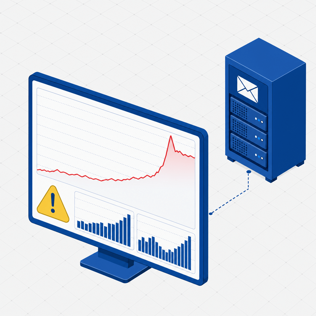 Иллюстрация дашборда Zabbix с растущей очередью сообщений почтового сервера и индикатором предупреждения