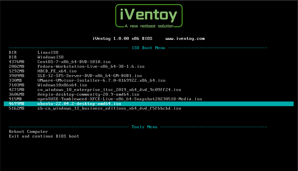 PXE-меню загрузки iVentoy на клиенте: выбор ISO Linux и Windows по сети