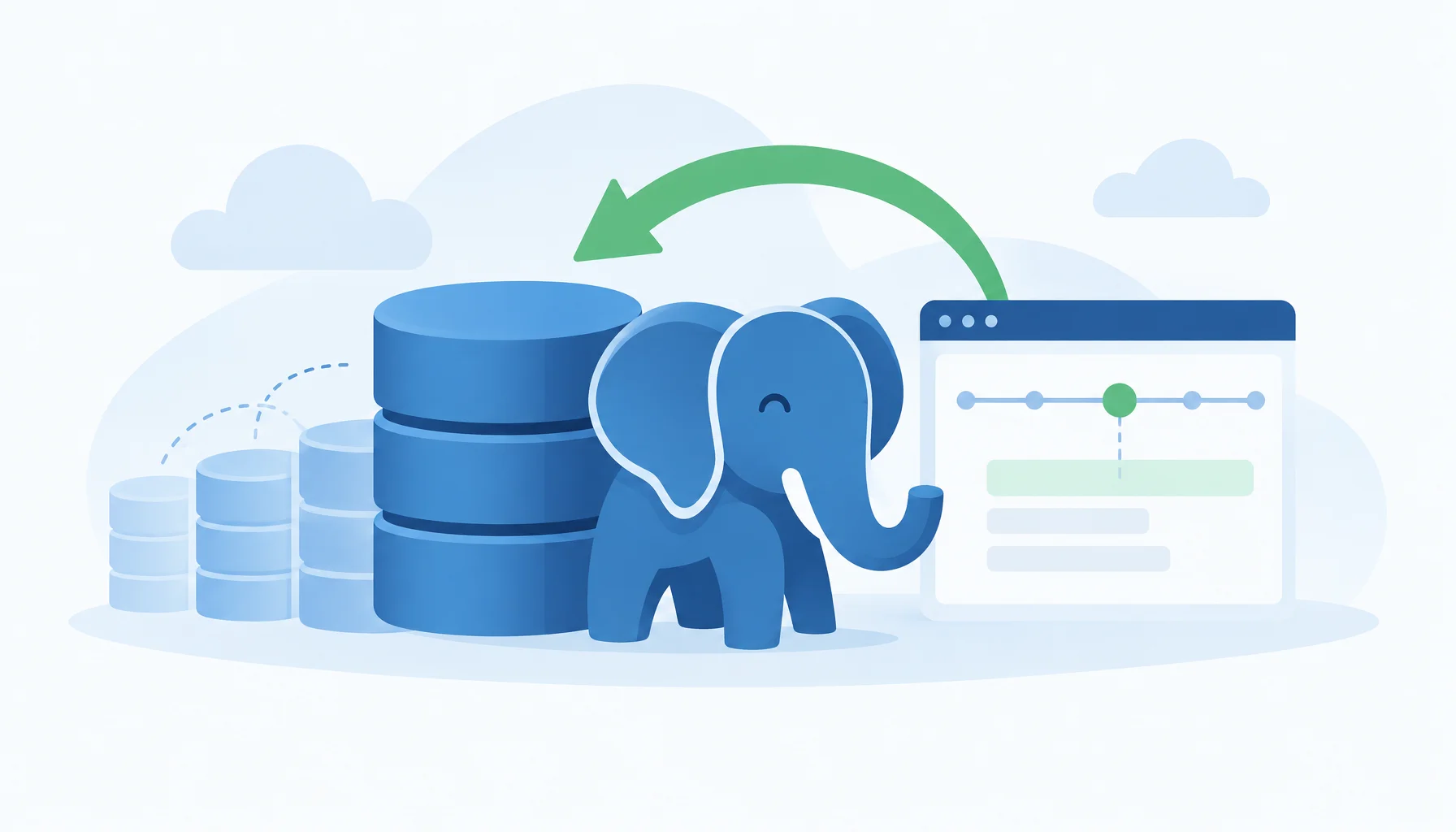 Иллюстрация: слон PostgreSQL рядом со стопками резервных копий и окном с временной шкалой восстановления на точку во времени